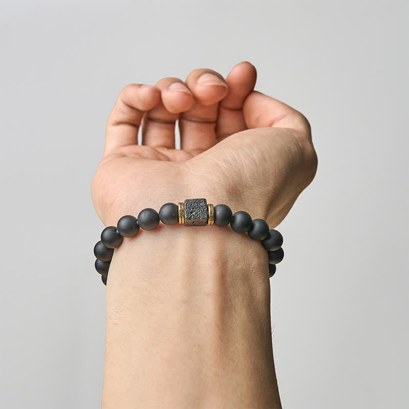 Buddha Stones Natürlicher mattierter schwarzer Onyx Quadrat Lavastein Glücksarmband - image 4