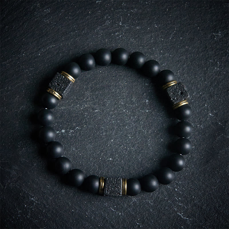 Buddha Stones Natürlicher mattierter schwarzer Onyx Quadrat Lavastein Glücksarmband - 20 cm - image 0