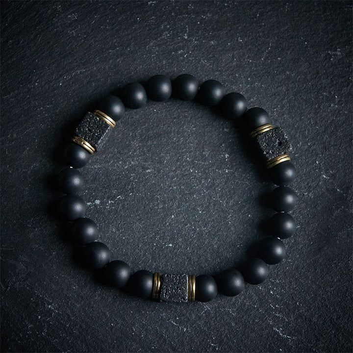 Buddha Stones Natürlicher mattierter schwarzer Onyx Quadrat Lavastein Glücksarmband - 20 cm - image 0