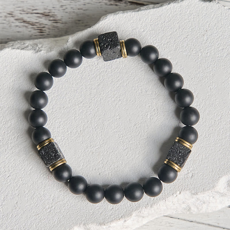 Buddha Stones Natürlicher mattierter schwarzer Onyx Quadrat Lavastein Glücksarmband - image 2