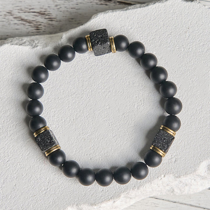 Buddha Stones Natürlicher mattierter schwarzer Onyx Quadrat Lavastein Glücksarmband - image 2