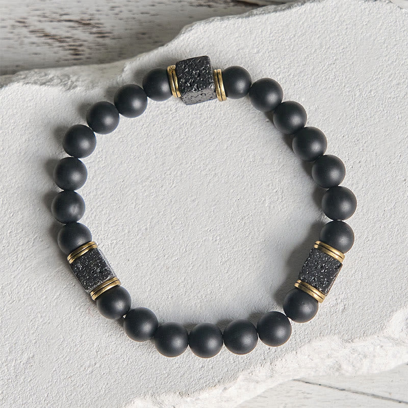Buddha Stones Natürlicher mattierter schwarzer Onyx Quadrat Lavastein Glücksarmband - image 5
