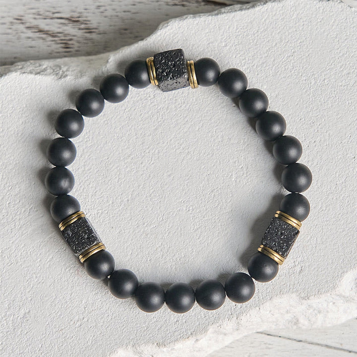 Buddha Stones Natürlicher mattierter schwarzer Onyx Quadrat Lavastein Glücksarmband - image 5