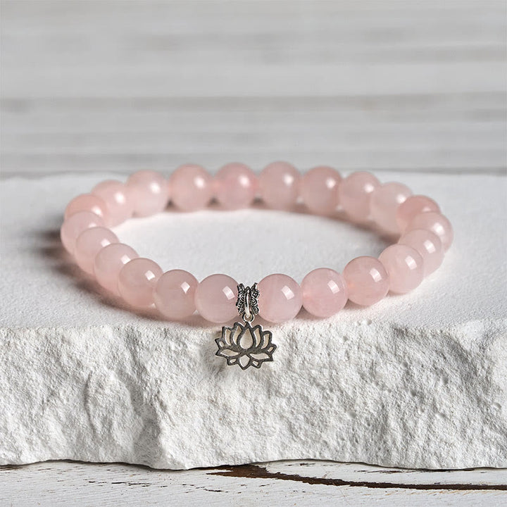 Buddha Stones 925 Sterling Silber Lotus Design Natürlicher rosa Kristall Beruhigendes Armband - 20 cm - 8 mm - image 0