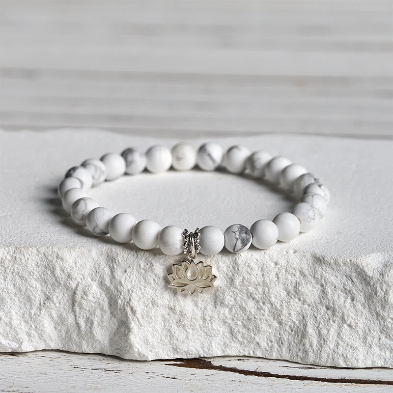 Buddha Stones 925 Sterling Silber Lotus Design Natürlicher weißer Türkis Reichtum Armband - 20 cm - 6 mm - image 0