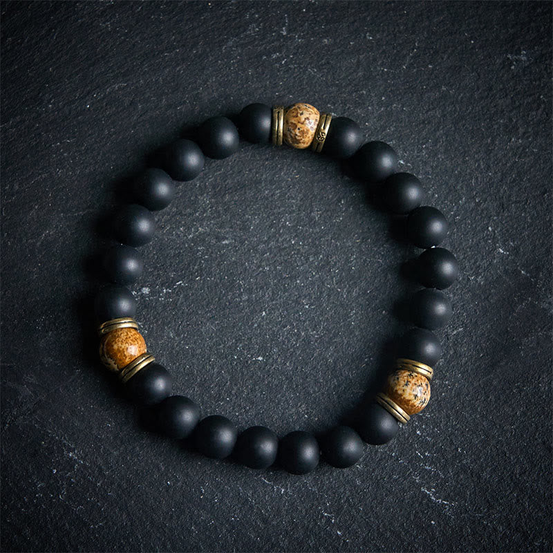 Buddha Stones Natürlicher mattierter schwarzer Onyx Bildjaspis Glücksarmband - 20 cm - image 0