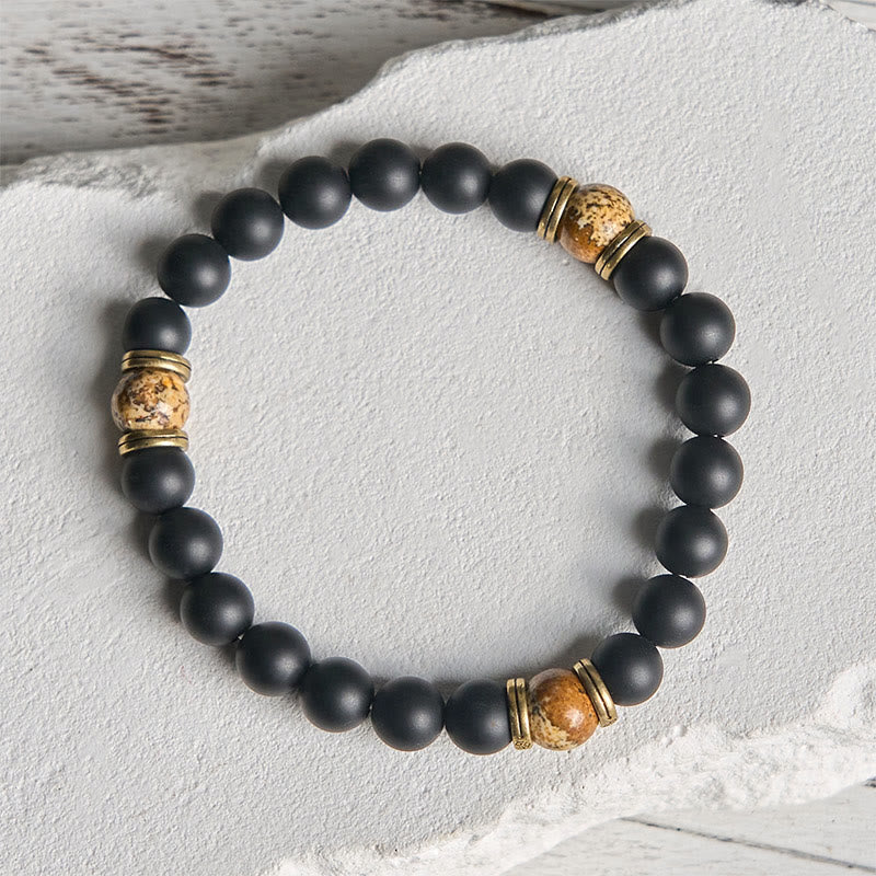 Buddha Stones Natürlicher mattierter schwarzer Onyx Bildjaspis Glücksarmband - image 1