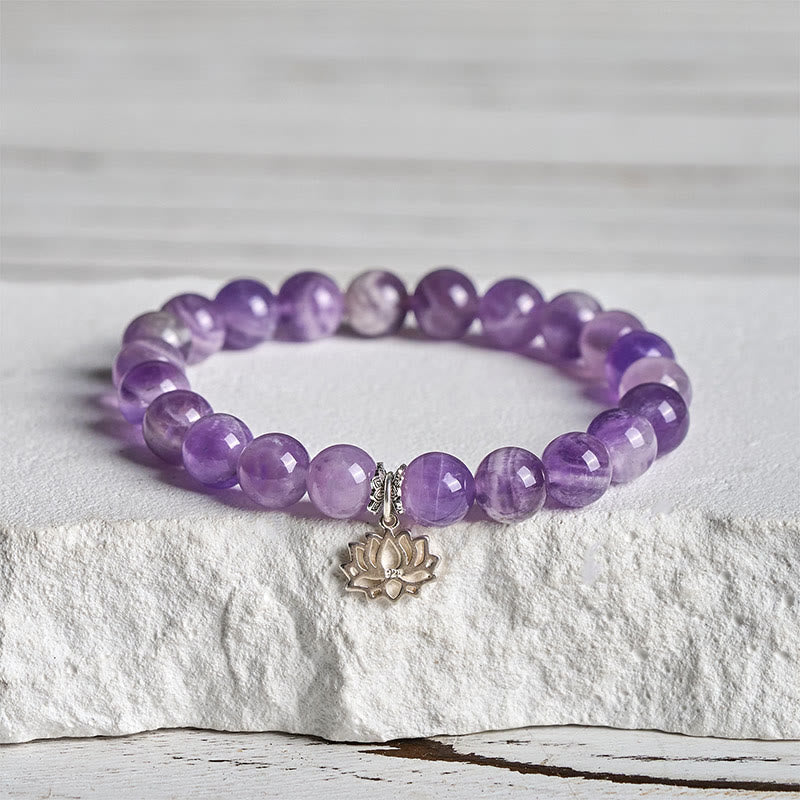 Buddha Stones Armband aus 925er Sterlingsilber mit Amethyst und Lotus-Design, natürliche Balance-Perlen - 20 cm - 8 mm - image 0