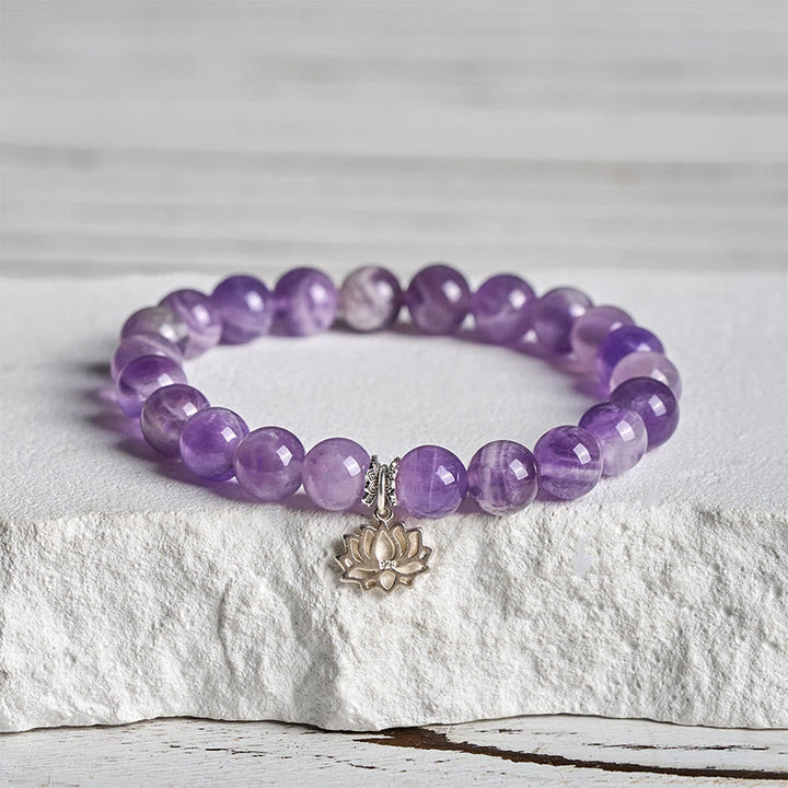 Buddha Stones Armband aus 925er Sterlingsilber mit Amethyst und Lotus-Design, natürliche Balance-Perlen - 20 cm - 8 mm - image 0