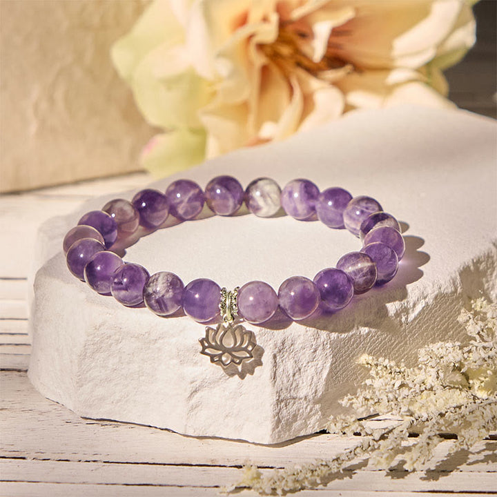 Buddha Stones Armband aus 925er Sterlingsilber mit Amethyst und Lotus-Design, natürliche Balance-Perlen - image 1