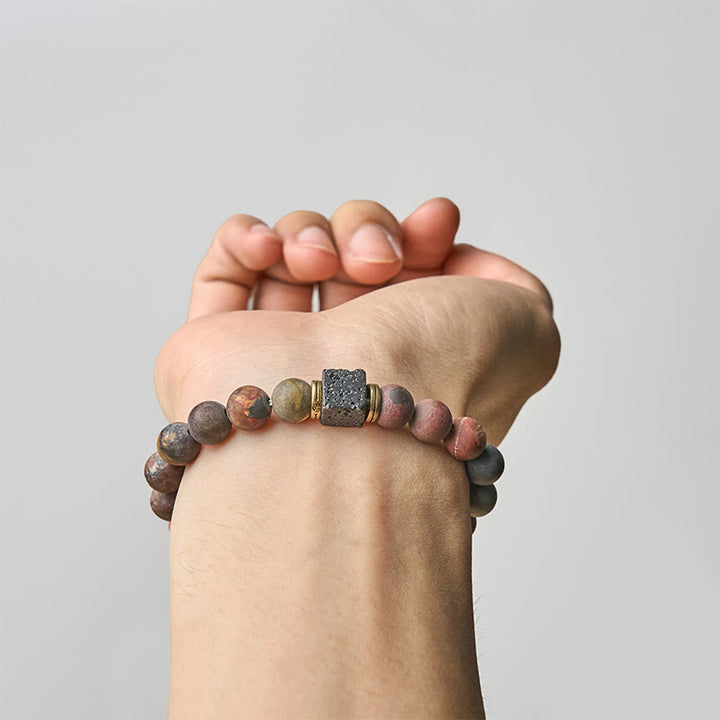 Buddha Stones Armband aus natürlichem Picasso-Jaspis, quadratisch, Lavastein, Mut - image 2