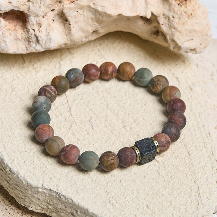 Buddha Stones Armband aus natürlichem Picasso-Jaspis, quadratisch, Lavastein, Mut - 21 cm - image 0