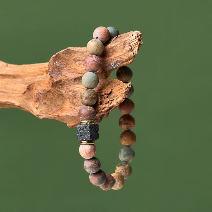 Buddha Stones Armband aus natürlichem Picasso-Jaspis, quadratisch, Lavastein, Mut - image 3