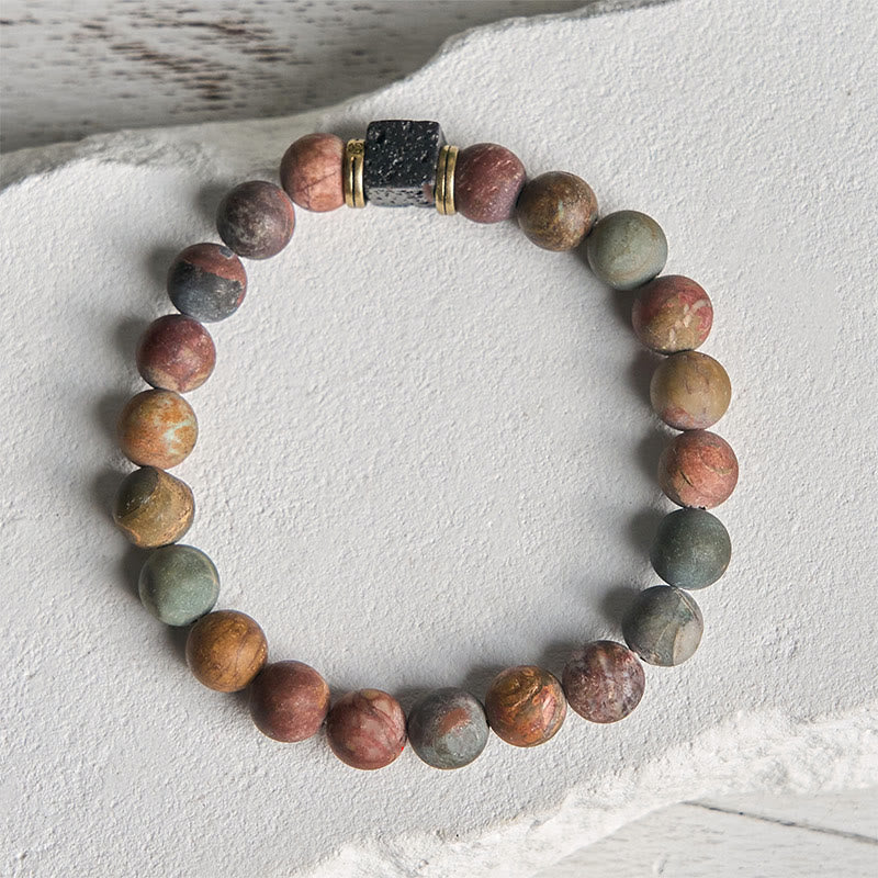 Buddha Stones Armband aus natürlichem Picasso-Jaspis, quadratisch, Lavastein, Mut - image 1