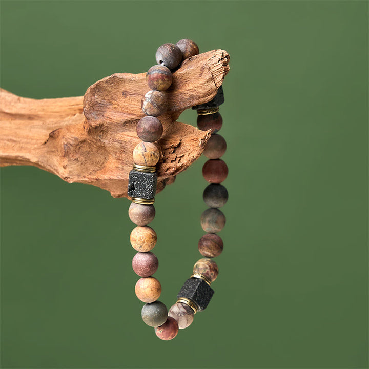 Buddha Stones Natürlicher Picasso-Jaspis Quadrat Lavastein Positives Armband - image 3
