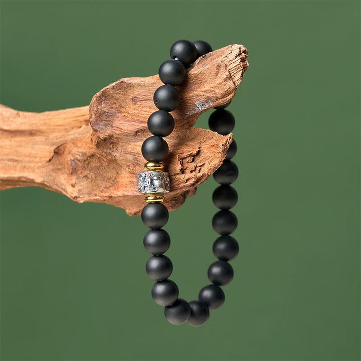 Buddha Stones Natürlicher mattierter schwarzer Onyx Buddha-Gesichtsstützarmband - image 3