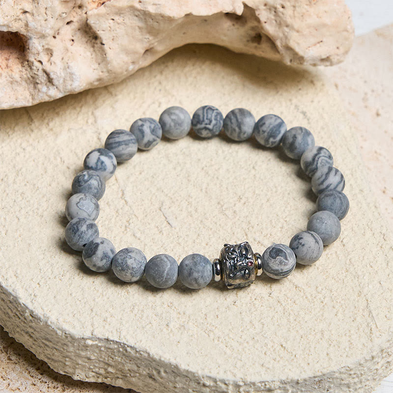 Buddha Stones Armband mit natürlichem, mattiertem grauem Jaspis, Buddha-Gesicht, Heilung und Schutz - image 2