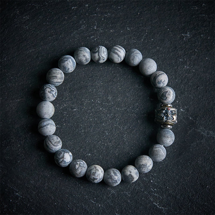 Buddha Stones Armband mit natürlichem, mattiertem grauem Jaspis, Buddha-Gesicht, Heilung und Schutz - 20 cm - image 0