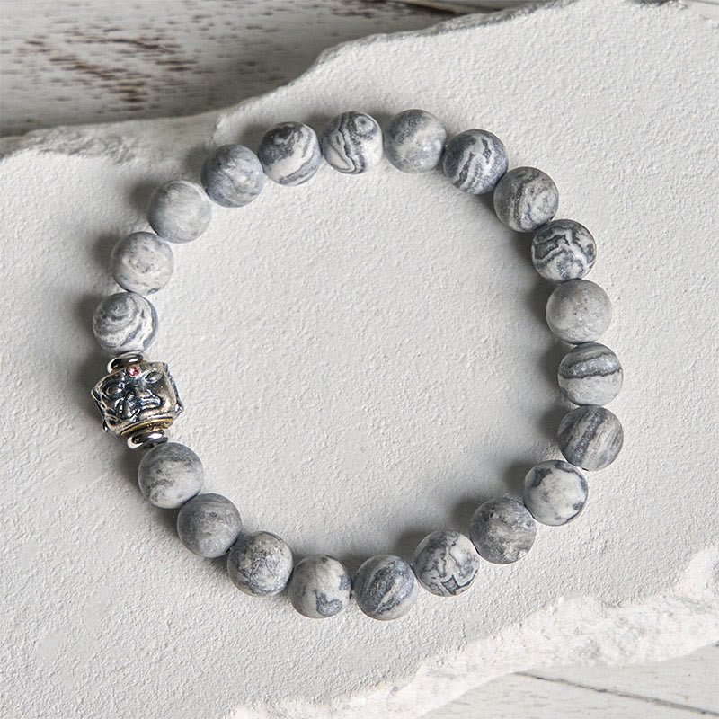 Buddha Stones Armband mit natürlichem, mattiertem grauem Jaspis, Buddha-Gesicht, Heilung und Schutz - image 1