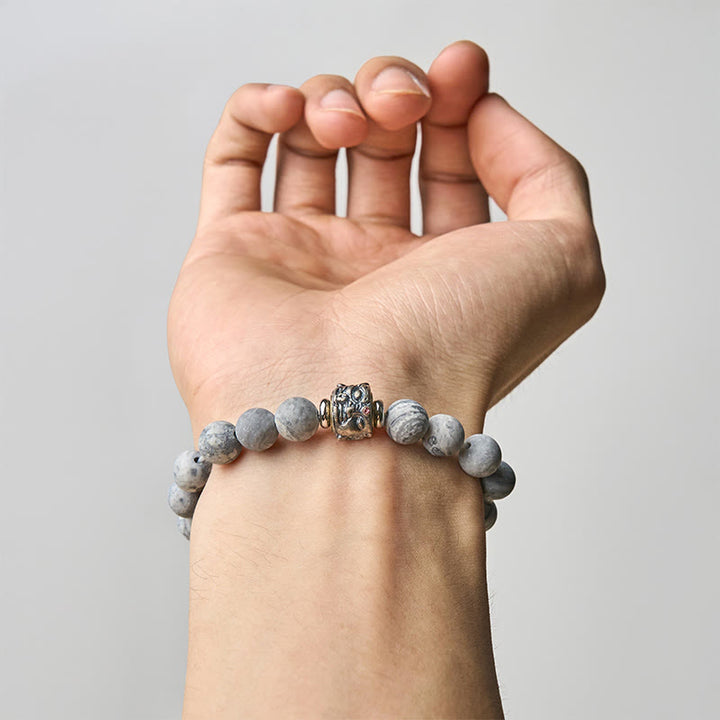 Buddha Stones Armband mit natürlichem, mattiertem grauem Jaspis, Buddha-Gesicht, Heilung und Schutz - image 4