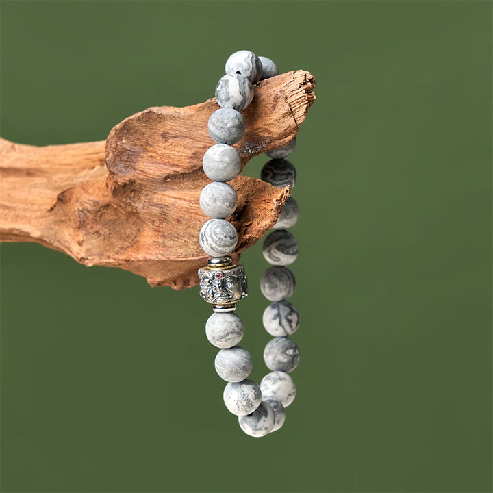 Buddha Stones Armband mit natürlichem, mattiertem grauem Jaspis, Buddha-Gesicht, Heilung und Schutz - image 3