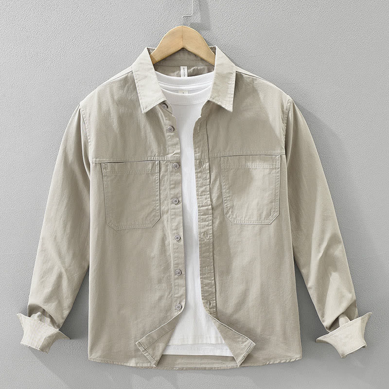 Buddha Stones Daily Plain Buttons Design Herren Langarmhemd aus reiner Baumwolle mit Taschen - Bräunen - US/ UK/AU42，EU52 (3XL) - image 0