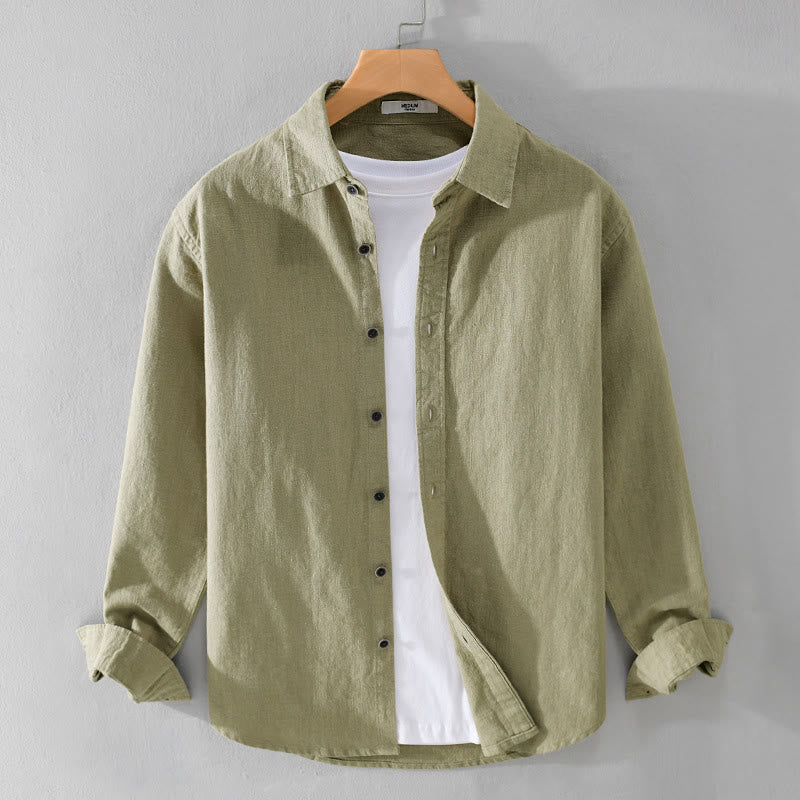 Buddha Stones Herren-Langarmhemd aus Ramie-Baumwolle, reine Farbe, Reversknöpfe, schlichtes Design - DunkelKhaki - US/ UK/AU42，EU52 (3XL) - image 17