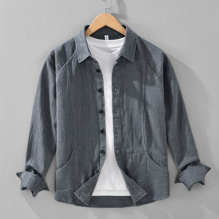 Buddha Stones Herren Herbst Plain Ramie Baumwolle Langarm Revers Hemd mit Taschen - Schiefergrau - US/ UK/AU42，EU52 (3XL) - image 5