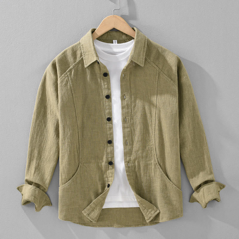 Buddha Stones Herren Herbst Plain Ramie Baumwolle Langarm Revers Hemd mit Taschen - Dunkelkhaki - US/ UK/AU42, EU52 (3XL) - image 15