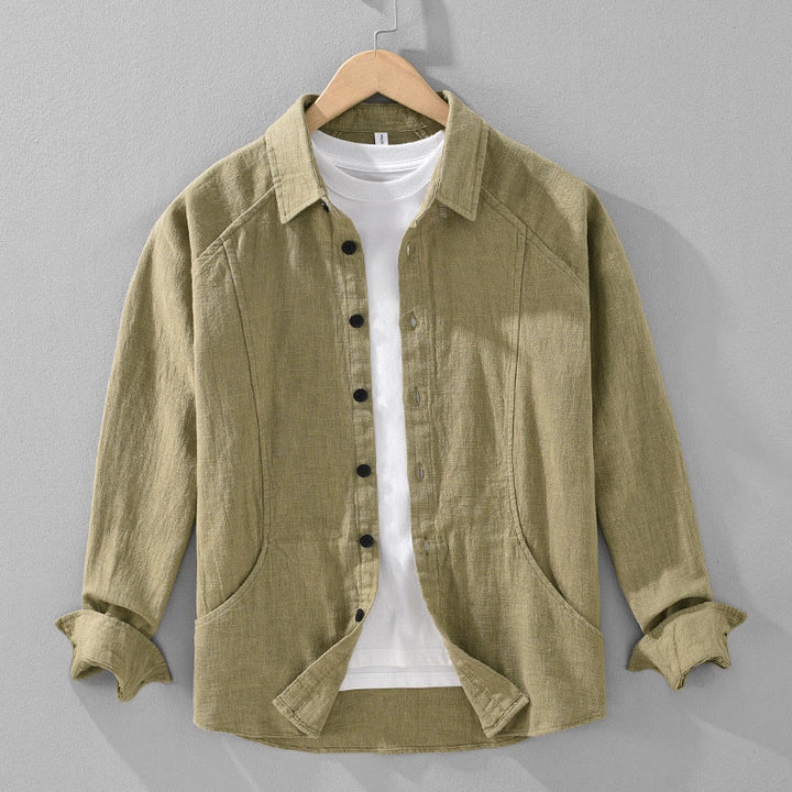 Buddha Stones Herren Herbst Plain Ramie Baumwolle Langarm Revers Hemd mit Taschen - Dunkelkhaki - US/ UK/AU42, EU52 (3XL) - image 15