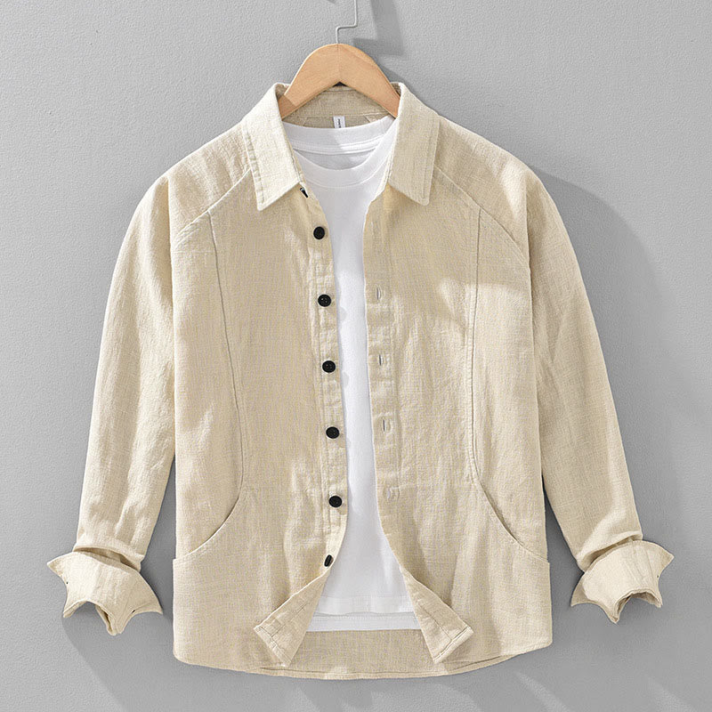 Buddha Stones Herren Herbst Plain Ramie Baumwolle Langarm Revers Hemd mit Taschen - LichtGoldruteGelb - US/ UK/AU42，EU52 (3XL) - image 0