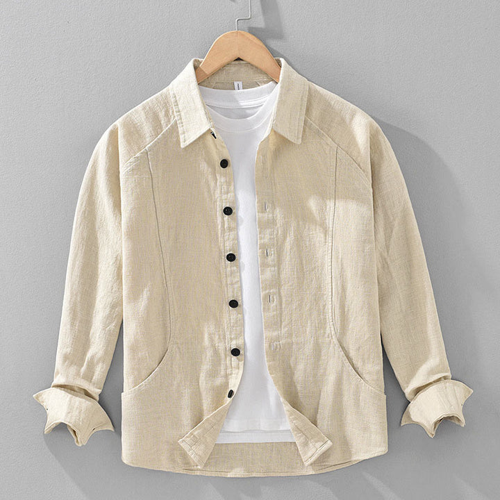 Buddha Stones Herren Herbst Plain Ramie Baumwolle Langarm Revers Hemd mit Taschen - LichtGoldruteGelb - US/ UK/AU42，EU52 (3XL) - image 0