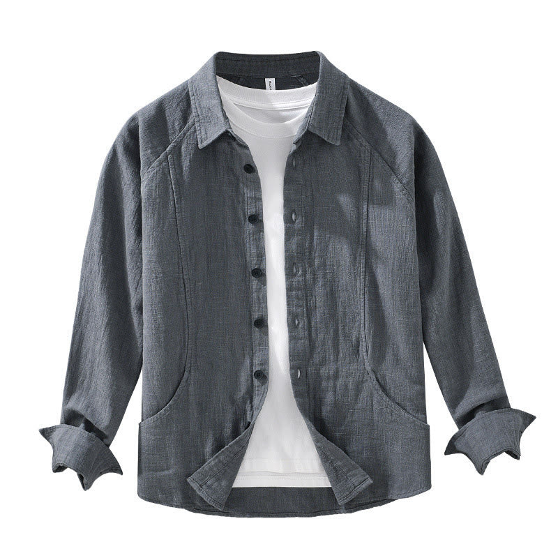 Buddha Stones Herren Herbst Plain Ramie Baumwolle Langarm Revers Hemd mit Taschen - image 14