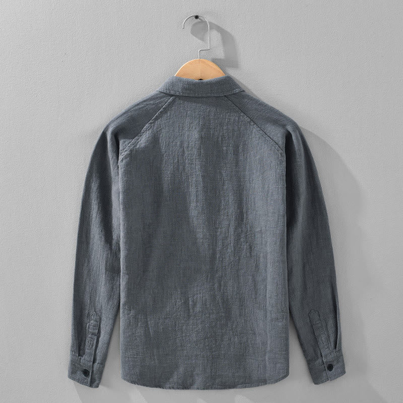 Buddha Stones Herren Herbst Plain Ramie Baumwolle Langarm Revers Hemd mit Taschen - image 6