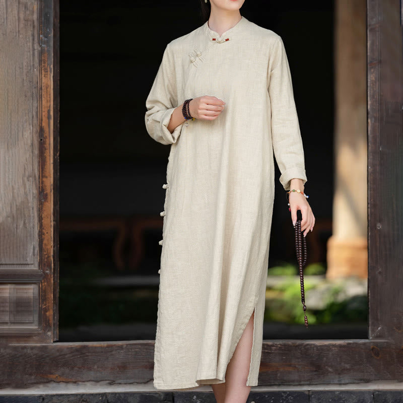 Buddha Stones Fall – Schlichtes, langärmliges Midikleid aus Baumwolle und Leinen mit chinesischem Froschknopf-Design und Taschen - image 1