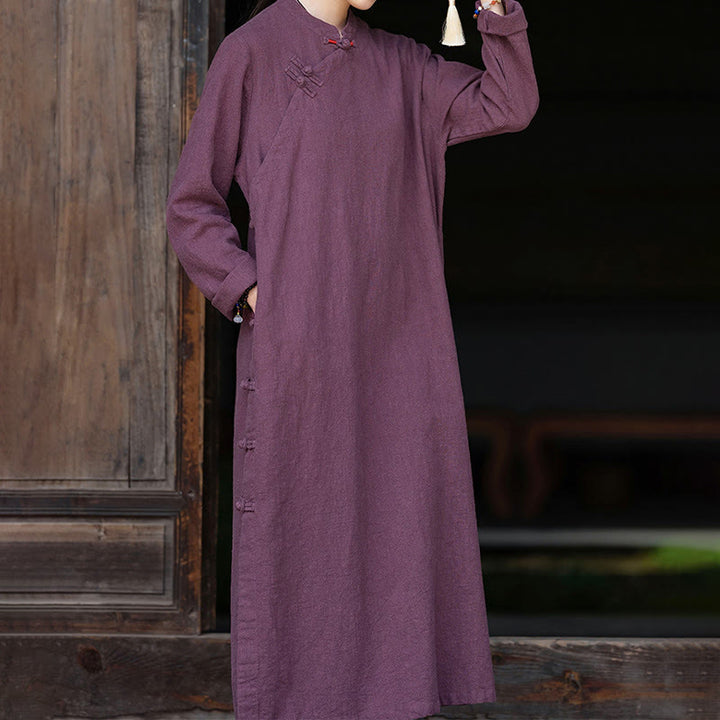 Buddha Stones Fall – Schlichtes, langärmliges Midikleid aus Baumwolle und Leinen mit chinesischem Froschknopf-Design und Taschen - image 13