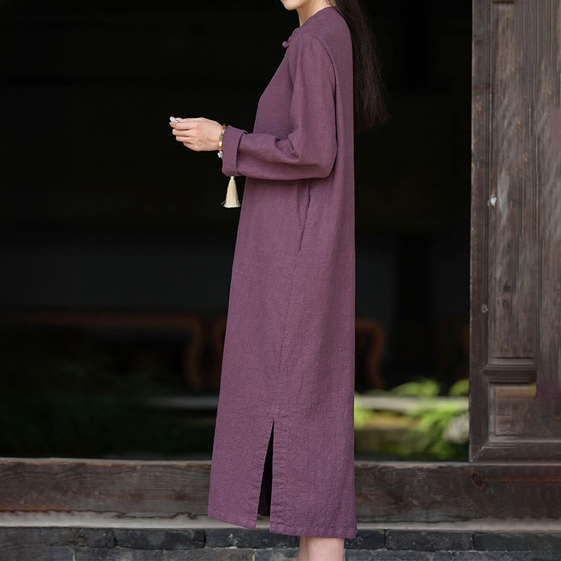 Buddha Stones Fall – Schlichtes, langärmliges Midikleid aus Baumwolle und Leinen mit chinesischem Froschknopf-Design und Taschen - image 11