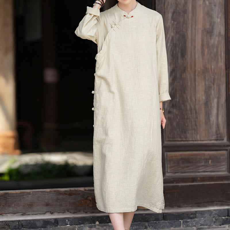 Buddha Stones Fall – Schlichtes, langärmliges Midikleid aus Baumwolle und Leinen mit chinesischem Froschknopf-Design und Taschen - image 5