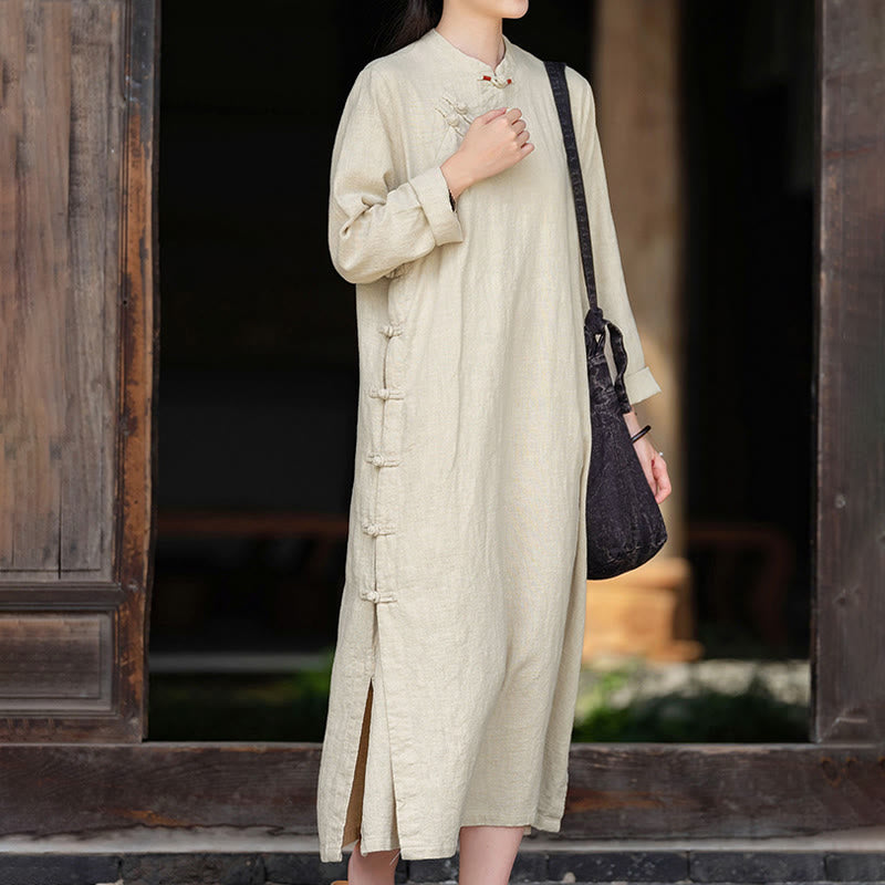 Buddha Stones Fall – Schlichtes, langärmliges Midikleid aus Baumwolle und Leinen mit chinesischem Froschknopf-Design und Taschen - Leinen - US8-10， UK/AU12-14，EU40-42 (2XL) - image 0