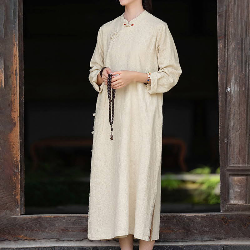 Buddha Stones Fall – Schlichtes, langärmliges Midikleid aus Baumwolle und Leinen mit chinesischem Froschknopf-Design und Taschen - image 6