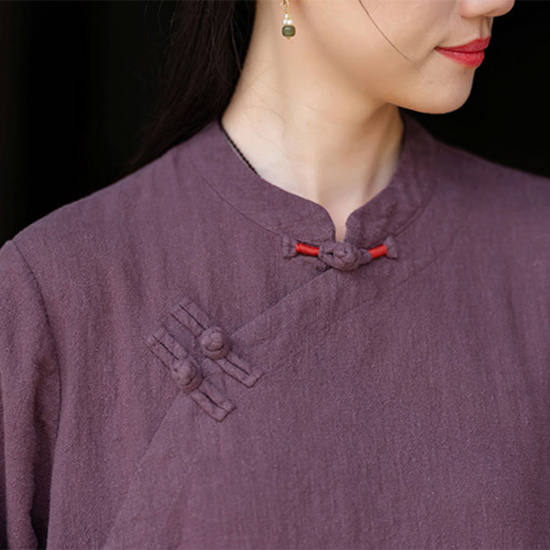 Buddha Stones Fall – Schlichtes, langärmliges Midikleid aus Baumwolle und Leinen mit chinesischem Froschknopf-Design und Taschen - image 14