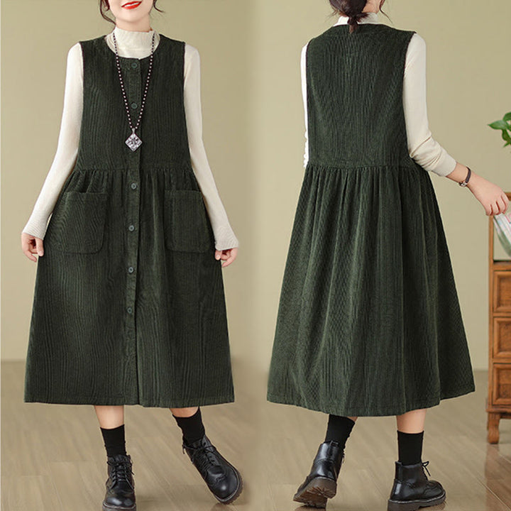 Buddha Stones – Ärmelloses Midikleid aus Baumwollcord im Retro-Knopfdesign mit Taschen - image 11