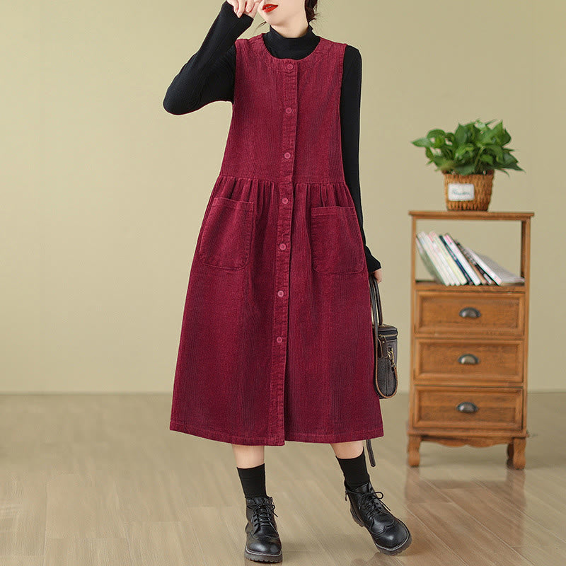 Buddha Stones – Ärmelloses Midikleid aus Baumwollcord im Retro-Knopfdesign mit Taschen - Purpur - US12， UK/AU16，EU44 (3XL) - image 20