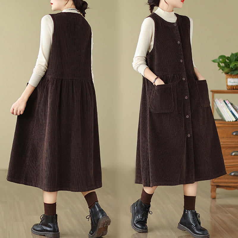 Buddha Stones – Ärmelloses Midikleid aus Baumwollcord im Retro-Knopfdesign mit Taschen - image 3