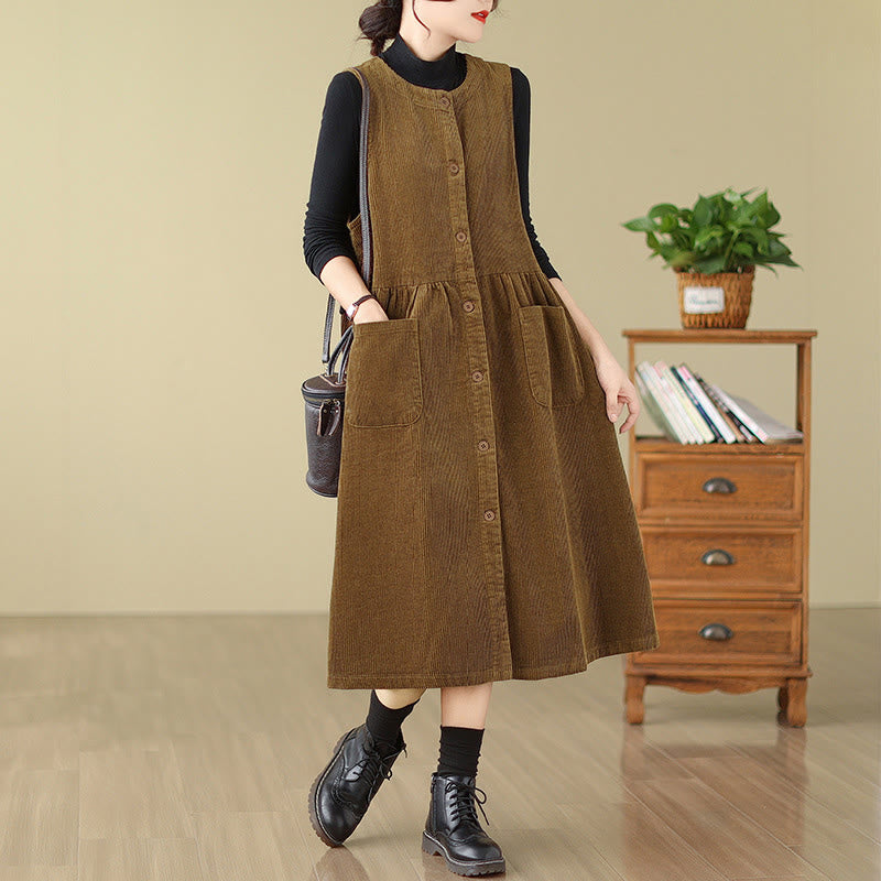Buddha Stones – Ärmelloses Midikleid aus Baumwollcord im Retro-Knopfdesign mit Taschen - Dunkle Goldrute - US12， UK/AU16，EU44 (3XL) - image 12