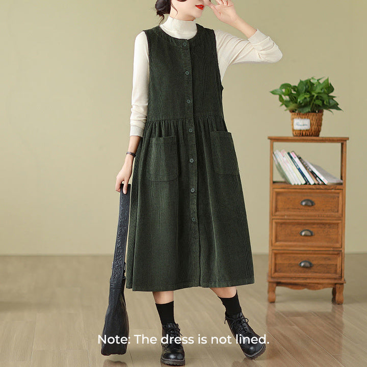 Buddha Stones – Ärmelloses Midikleid aus Baumwollcord im Retro-Knopfdesign mit Taschen - image 7