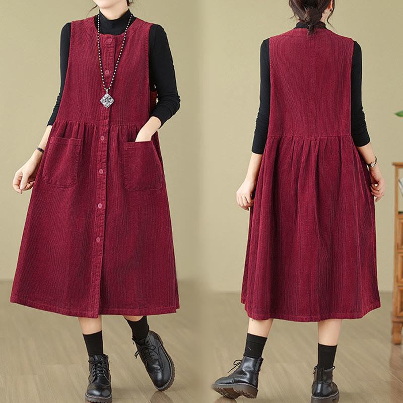 Buddha Stones – Ärmelloses Midikleid aus Baumwollcord im Retro-Knopfdesign mit Taschen - image 24