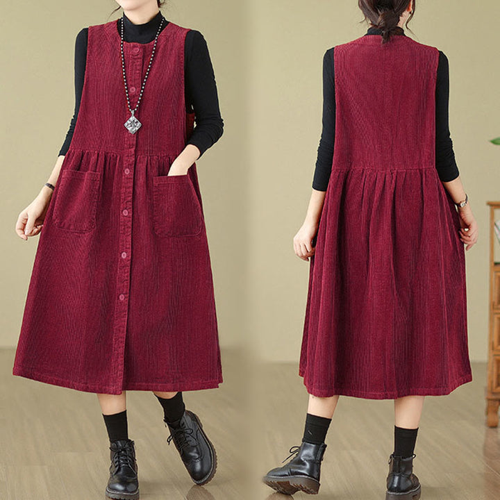 Buddha Stones – Ärmelloses Midikleid aus Baumwollcord im Retro-Knopfdesign mit Taschen - image 24