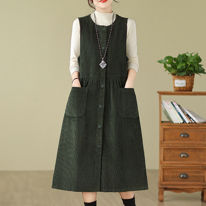 Buddha Stones – Ärmelloses Midikleid aus Baumwollcord im Retro-Knopfdesign mit Taschen - image 9