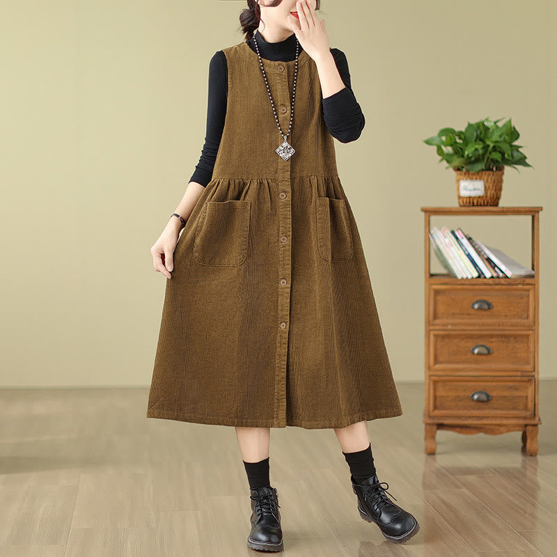 Buddha Stones – Ärmelloses Midikleid aus Baumwollcord im Retro-Knopfdesign mit Taschen - image 14